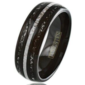 COOL POLISHED BLACK LOW DOME TUNGSTEN RING WITH WHITE SPECKLED ANTLER, BLACK